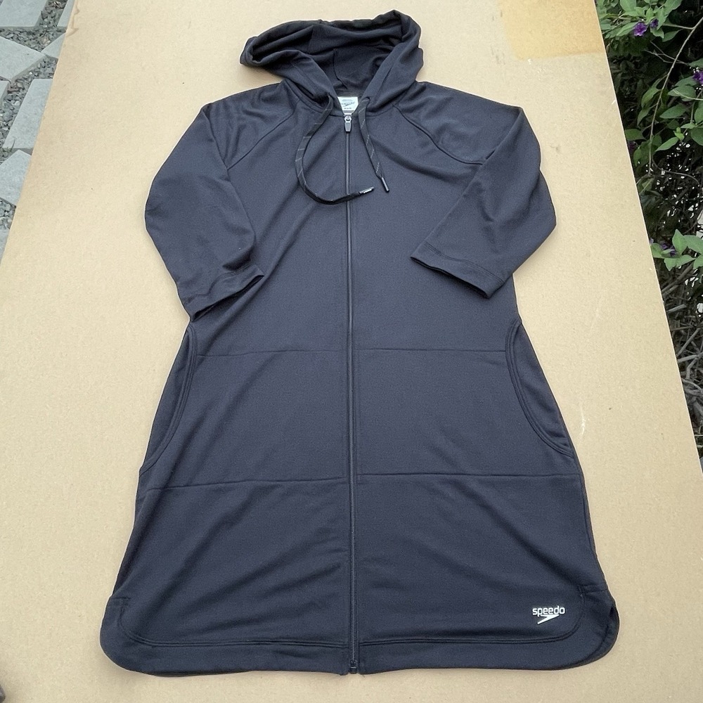 Speedo Womens M Hooded Aquatic Fitness Robe Cover-Up Black Pockets Swim Beach